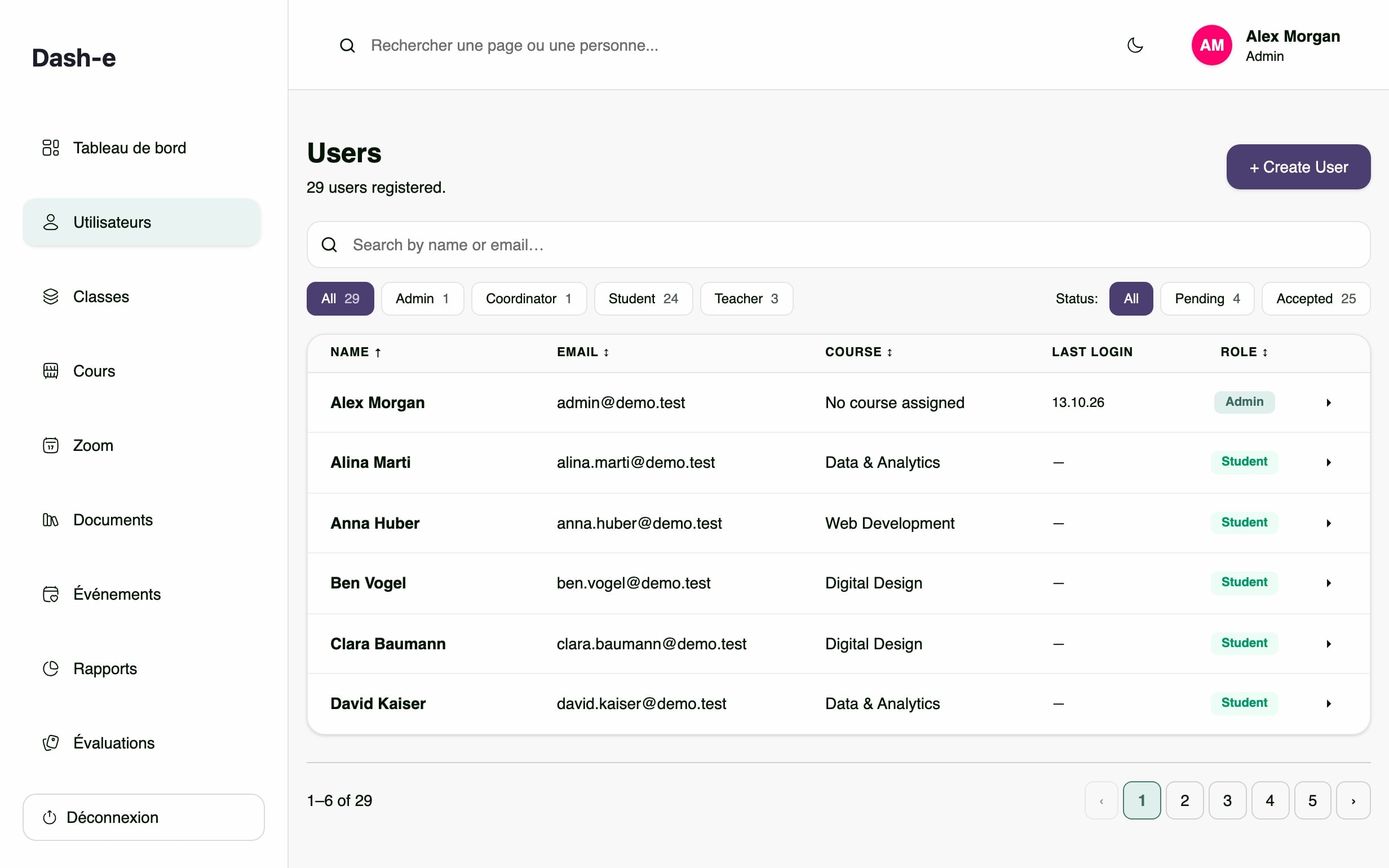 Dash-e admin Users page listing 29 demo users with name, email, course, last login and role filters