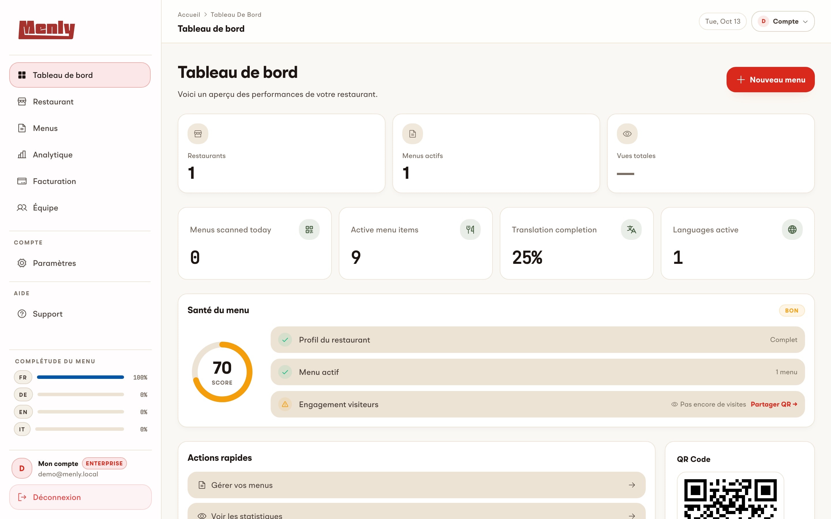 Menly restaurant dashboard showing a menu health score of 70, nine active menu items, translation completion and a QR code