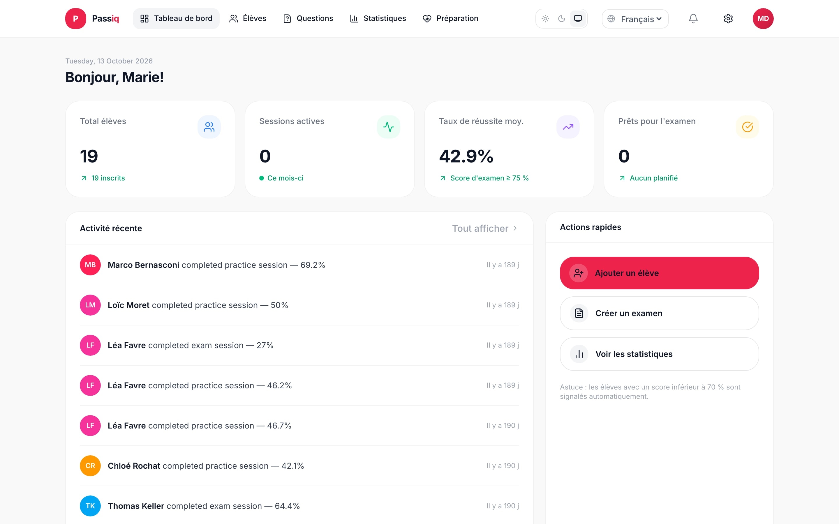 Passiq school dashboard with 19 students, an average pass rate and a feed of recent practice sessions