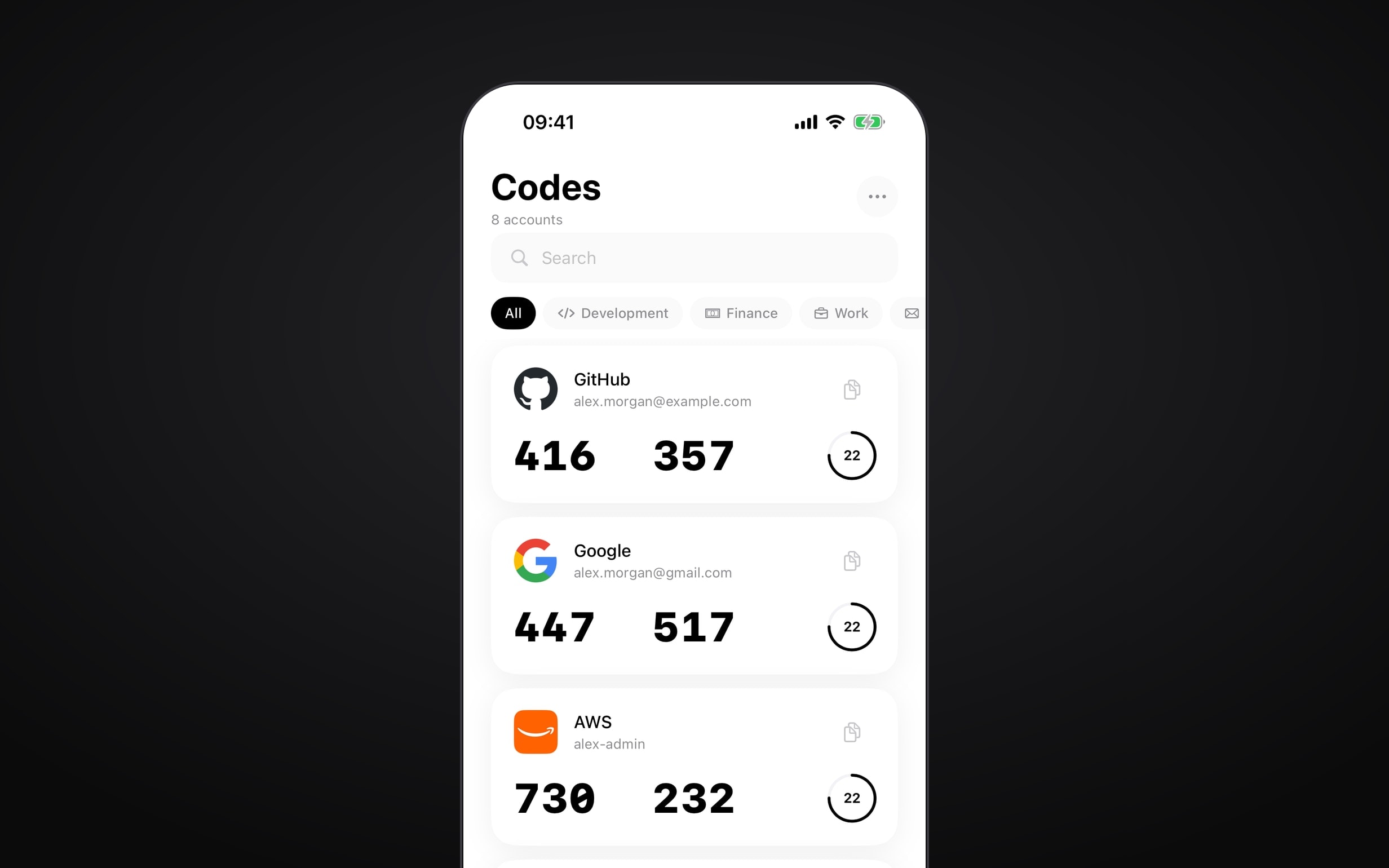 VeriGuard iPhone app showing the Codes screen with GitHub, Google and AWS accounts and live six-digit one-time codes with countdown rings